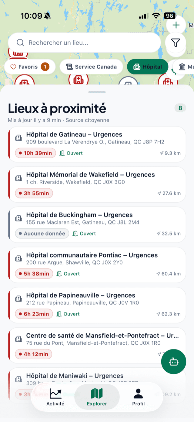 iCivic’s Explore screen: the Outaouais map and the list of nearby emergency rooms, each with its wait time.